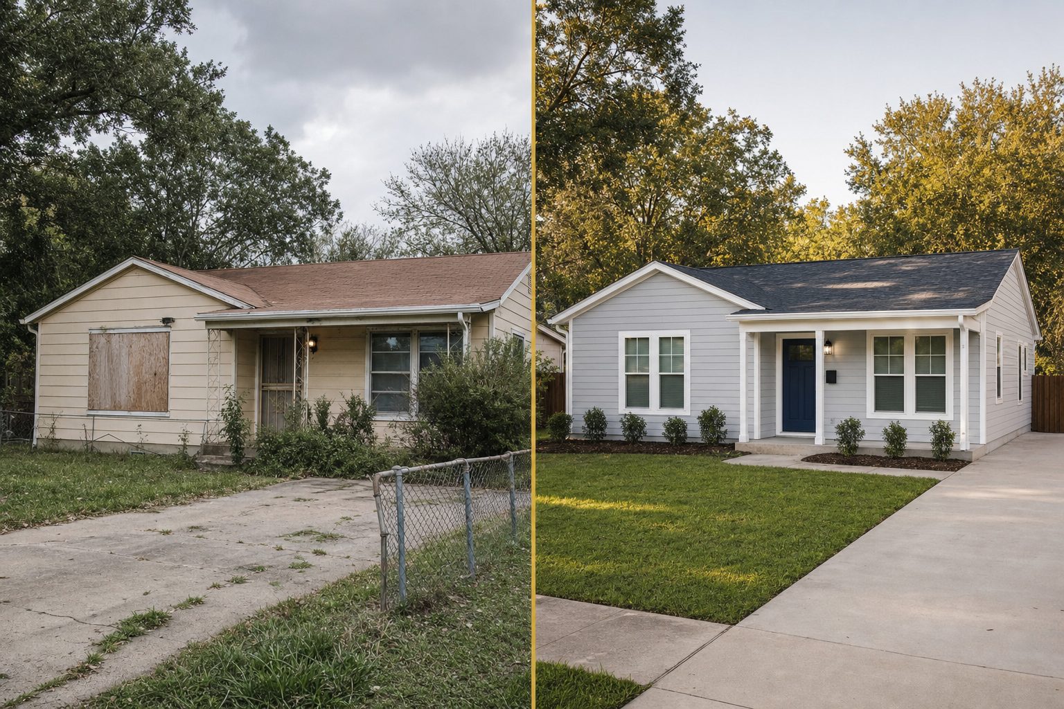 Before and after photos of a Dallas home rehab — from boarded-up ranch with weathered paint to freshly renovated exterior with new landscaping