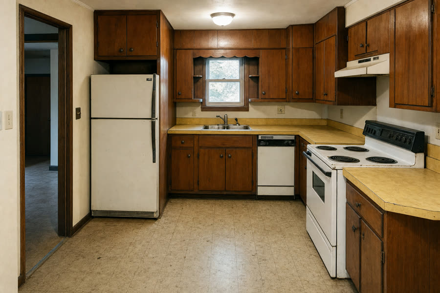 1970s kitchen with dark wood cabinets and worn linoleum floor