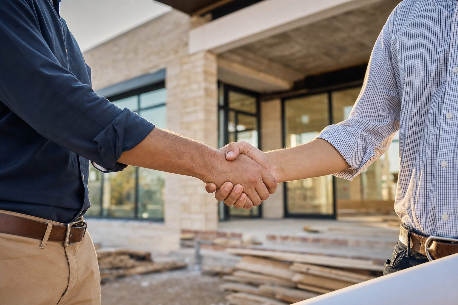 Handshake in front of a Texas home under renovation