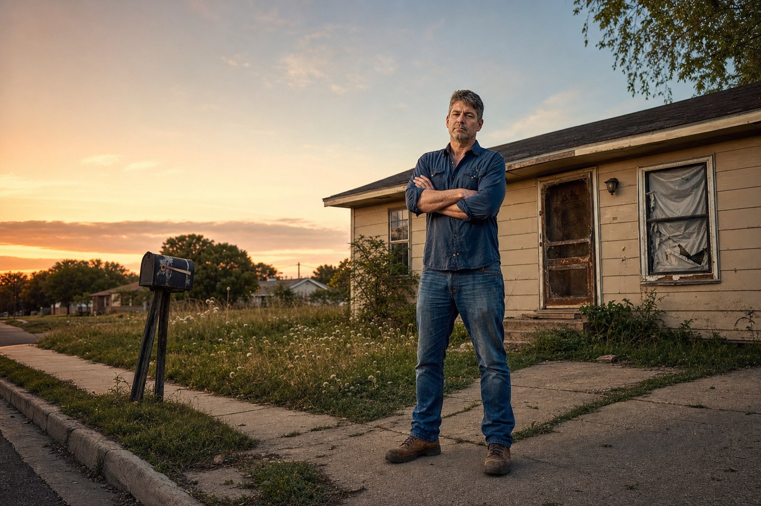 A Dallas landlord standing in front of his weathered rental property at golden hour — the kind of seller Dream Forge helps every day