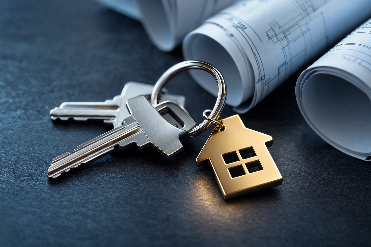 House keys resting on architectural blueprints